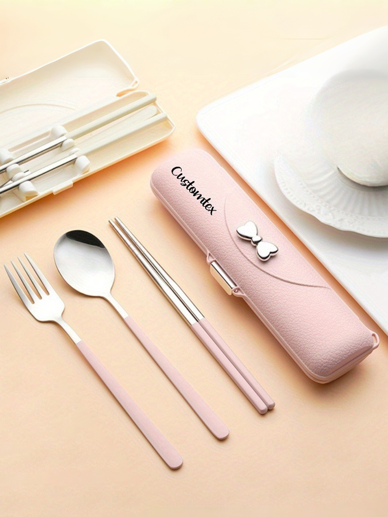 ustom Text Bow Portable Cutlery Set - Stainless Steel Spoon, Fork, and Chopsticks Trio with Plastic Handles, Includes Spoon, Fork, Chopsticks, and Storage Case